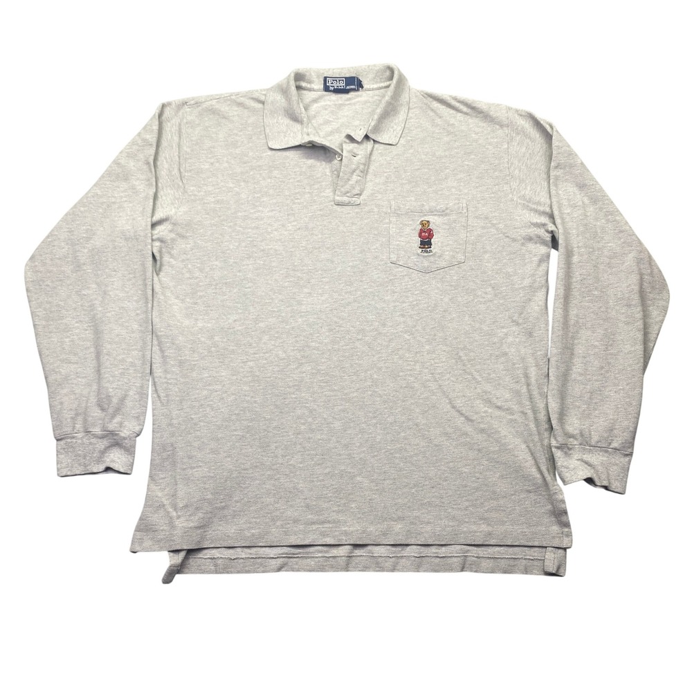 Polo Ralph Lauren Mens XL Heather Grey Long Sleeve Polo Shirt Embroidered Bear